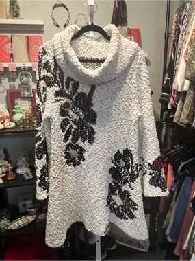 Cozy White Floral Cowl-Neck Sweater Tunic